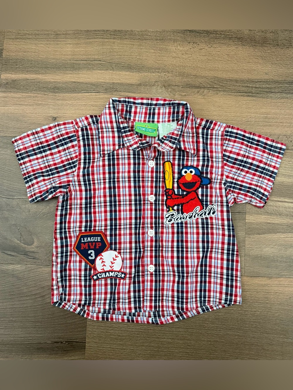 Vintage Y2K Sesame Street Baseball Elmo Plaid Button Down Short Sleeve Size 18m